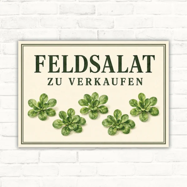 Feldsalat zu verkaufen Schild mit grünen Feldsalat-Blättern und großer Schrift auf hellem Grund.
