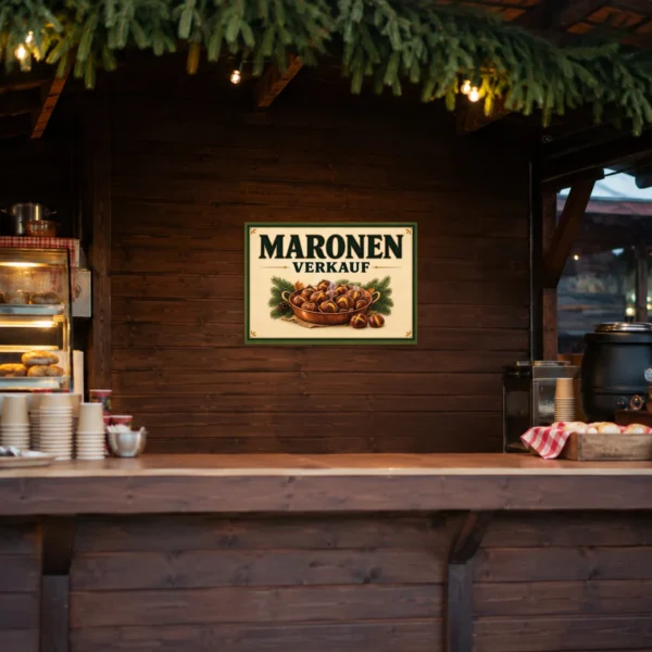 KI-generiertes Anwendungsbeispiel: Maronen Verkauf Schild im Querformat mit Kastanienmotiv für einen herbstlichen Marktstand.
