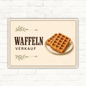 Waffeln Verkauf Schild mit gut lesbarem Motiv und klarer Beschriftung als bedrucktes Schild aus Aluminium-Verbundplatte.