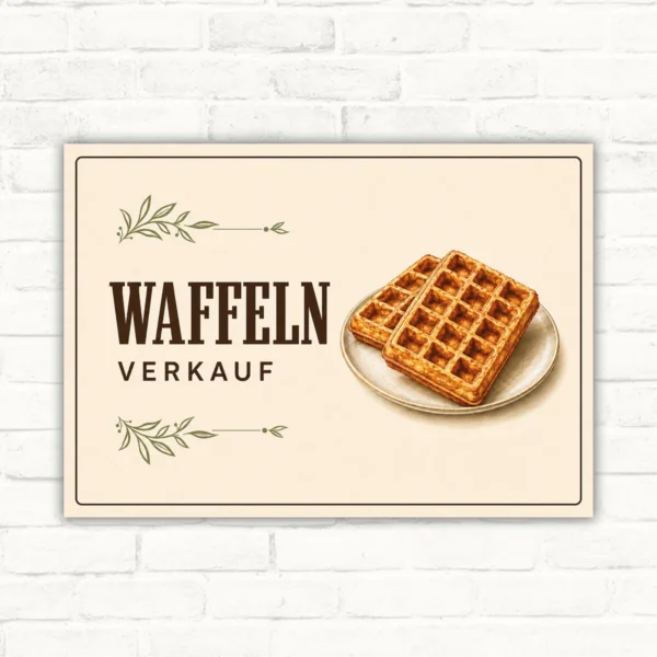 Waffeln Verkauf Schild mit gut lesbarem Motiv und klarer Beschriftung als bedrucktes Schild aus Aluminium-Verbundplatte.