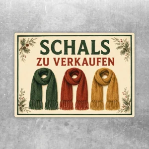 Aufkleber mit der Aufschrift „Schals zu verkaufen“ und drei farbigen Schals im Vintage-Stil.