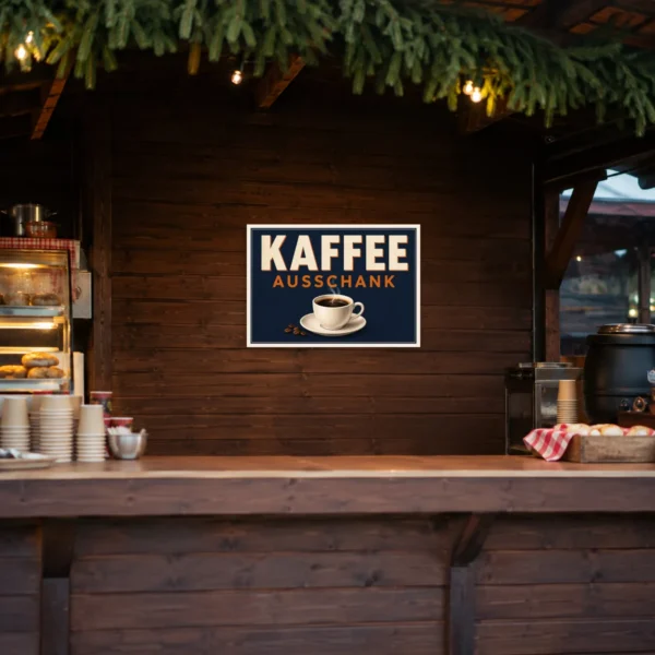 KI-generiertes Anwendungsbeispiel: Kaffee Aushang Schild mit Tasse und Kaffeebohnen für Theke, Café oder Büro.
