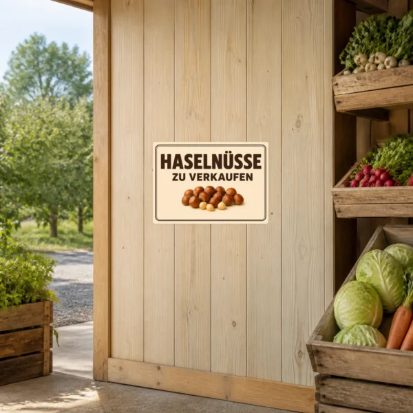 KI-generiertes Anwendungsbeispiel: Haselnüsse zu verkaufen Aufkleber mit braunem Nussmotiv auf hellem Untergrund für den Direktverkauf.