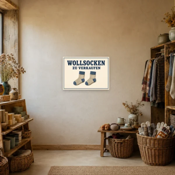 KI-generiertes Anwendungsbeispiel: Wollsocken zu verkaufen Schild mit zwei Stricksocken als dekorativer Verkaufshinweis.