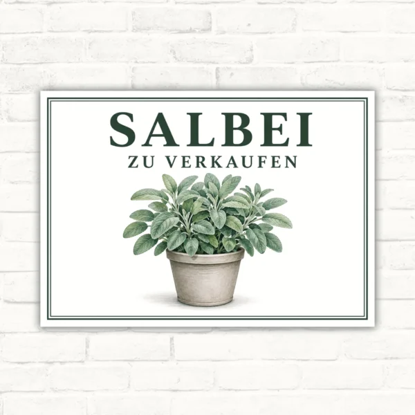 Salbei zu verkaufen Schild mit Topfpflanze und grünem Schriftzug auf weißem Hintergrund als Verkaufsschild.