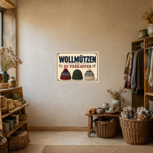 KI-generiertes Anwendungsbeispiel: Wollmützen zu verkaufen Aufkleber im Querformat an einem Marktstand mit winterlicher Strickware.