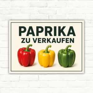 Schild mit Paprika-Motiv und dem Text „PAPRIKA ZU VERKAUFEN“ als Verkaufsschild für Gemüse.