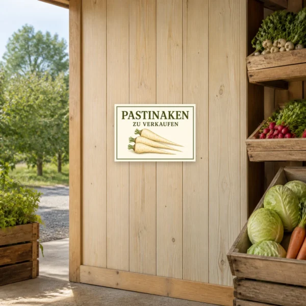KI-generiertes Anwendungsbeispiel: Pastinaken zu verkaufen Schild mit drei Pastinaken, ideal für Hofverkauf und Gemüsestand.