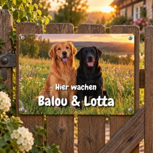 Personalisiertes Hundeschild für zwei Hunde – Vorlage Balou und Lotta am Gartenzaun