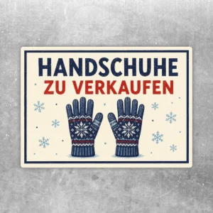 Querformatiger Handschuhe zu verkaufen Aufkleber mit blauen Strickhandschuhen, roter Typografie und Schneeflocken im Retro-Look.