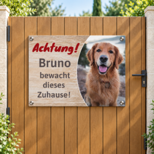Personalisiertes Hundeschild mit eigenem Foto – Vorlage Bruno am Gartenzaun