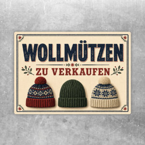 Querformatiger Wollmützen zu verkaufen Aufkleber mit drei Strickmützen in Blau, Rot, Beige und Grün auf hellem Hintergrund.