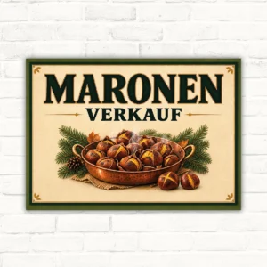 Maronen Verkauf Schild mit Kastanienmotiv und dem Wort „Verkauf“ als querformatiges Produktschild.
