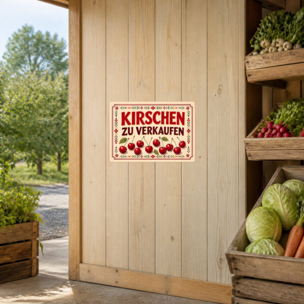KI-generiertes Anwendungsbeispiel: Kirschen zu verkaufen Aufkleber an einer Hofladen-Tür mit rotem Obstmotiv und dekorativem Rand.