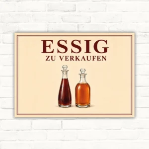 Essig zu verkaufen Schild mit zwei Glasflaschen und dunkelrotem Schriftzug als Querformat-Schild.