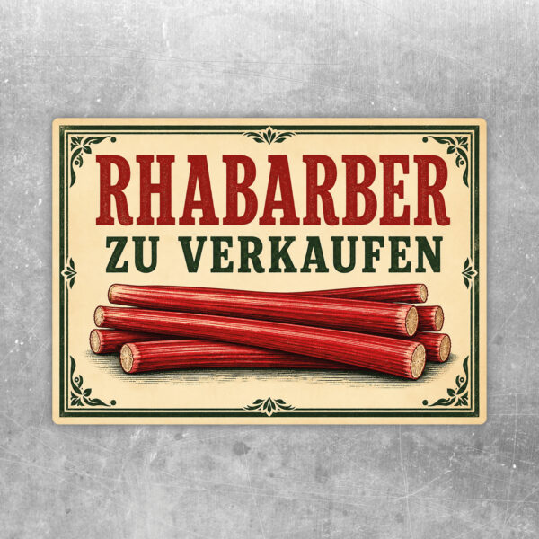 Rhabarber zu verkaufen Aufkleber mit roter Schrift, grünem Rahmen und Rhabarbergrafik in Querformat.