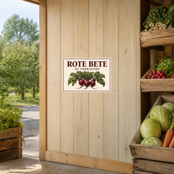 KI-generiertes Anwendungsbeispiel: Rote Bete zu verkaufen Aufkleber im Querformat mit drei roten Beten, grünen Blättern und burgunderroter Schrift.