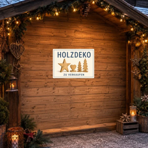 KI-generiertes Anwendungsbeispiel: Holzdeko zu verkaufen Aufkleber mit blauem Text und Holzmotiv auf heller Verkaufsfläche platziert.