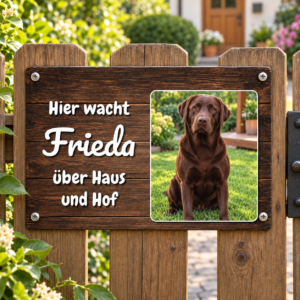 Personalisiertes Hundeschild mit eigenem Foto – Vorlage Frieda am Gartenzaun