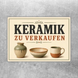 Querformatiger Keramik zu verkaufen Aufkleber mit beige-brauner Keramik, grünem Dekor und klarer Verkaufsschrift.