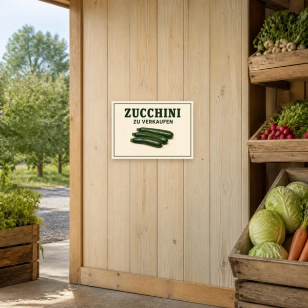 KI-generiertes Anwendungsbeispiel: Zucchini zu verkaufen Schild mit drei Zucchini, grünem Text und hellem Retro-Look für den Hofverkauf.