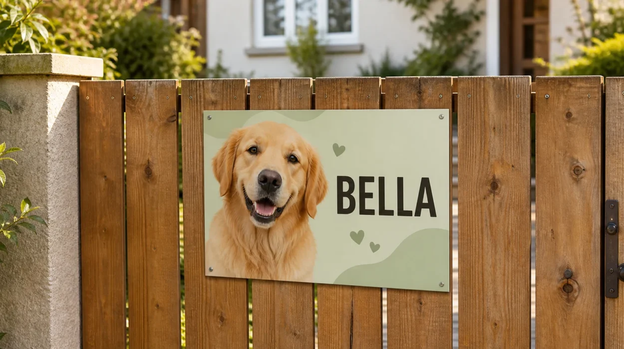 Personalisiertes Hundeschild mit dem Namen Bella an einem Gartenzaun