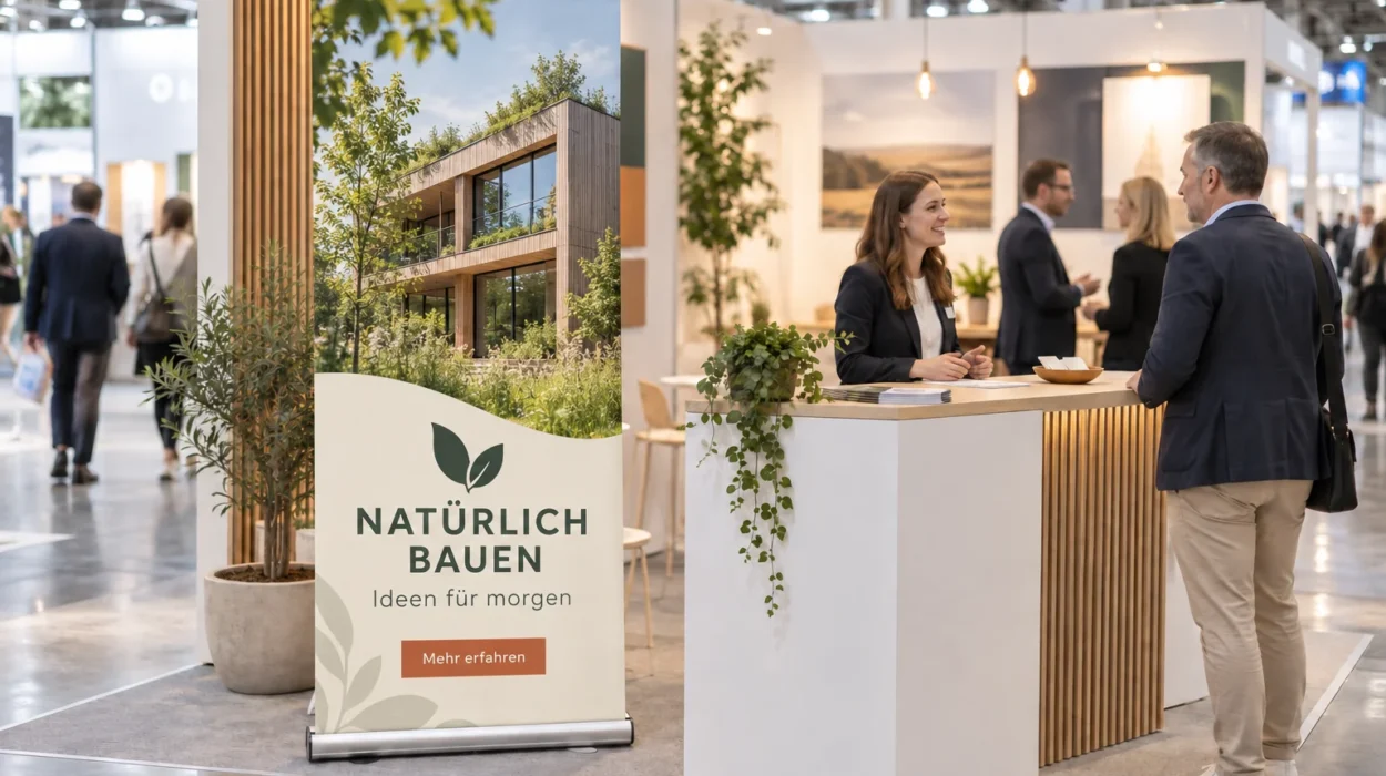 Bedrucktes Rollup in realistischer Größe an einem modernen Messestand