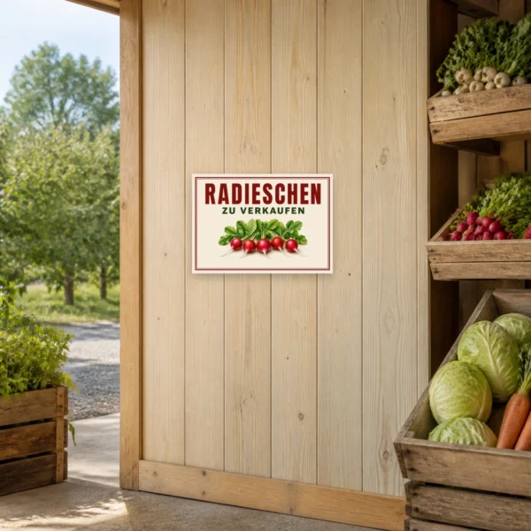 KI-generiertes Anwendungsbeispiel: Radieschen-Schild mit dem Text „Radieschen zu verkaufen“ an einem Hofladen für frische Ernte.