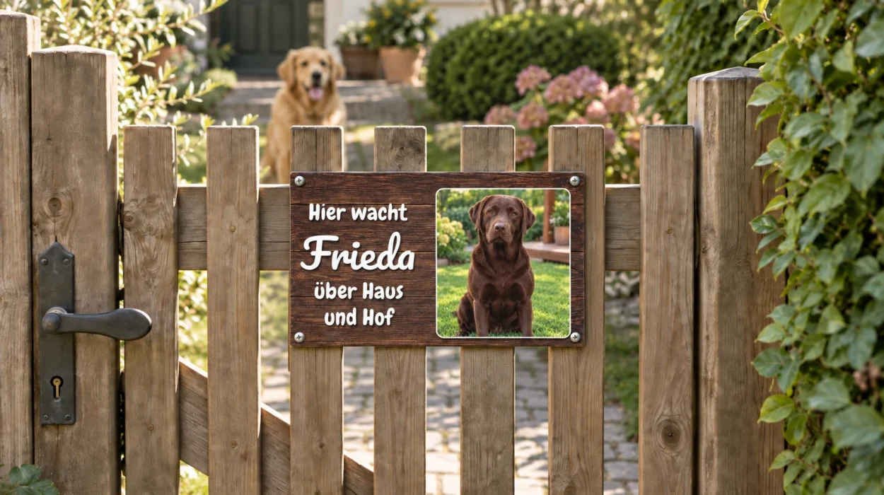 Konfigurator-Vorlage Hier wacht Frieda über Haus und Hof als Hundeschild am Gartentor