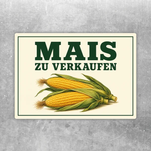 Mais zu verkaufen Aufkleber mit zwei Maiskolben, grüner Schrift und cremefarbenem Hintergrund für den Hofverkauf.
