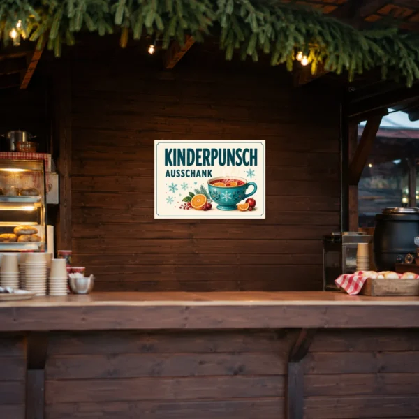 KI-generiertes Anwendungsbeispiel: Kinderpunsch Ausschank Schild mit Tasse, Schneeflocken und Früchten als dekoratives Winterschild am Stand.