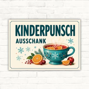 Kinderpunsch Ausschank Schild mit Tasse, Schneeflocken und Früchten als bedrucktes Winterschild für den Verkaufsbereich.