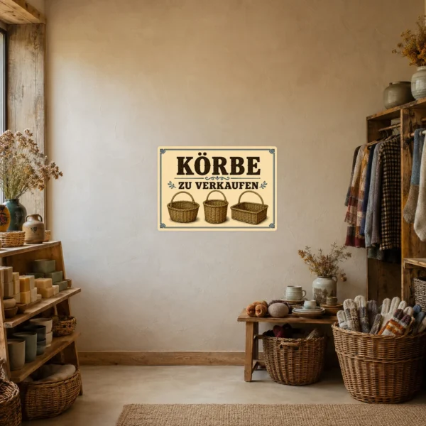 KI-generiertes Anwendungsbeispiel: Körbe zu verkaufen Aufkleber im Vintage-Look auf einer Verkaufsfläche mit drei geflochtenen Körben.