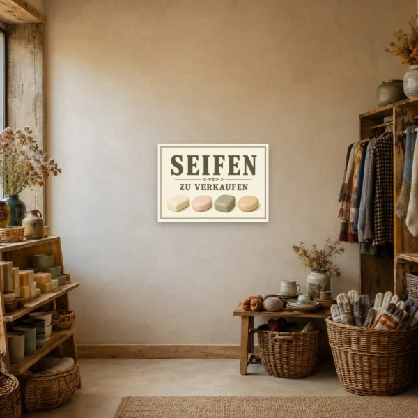 KI-generiertes Anwendungsbeispiel: Schild mit „SEIFEN ZU VERKAUFEN“ und Seifenmotiven für den Marktstand.