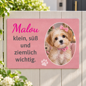 Rosa Hundeschild mit eigenem Foto und Wunschtext – Vorlage Malou am Gartenzaun
