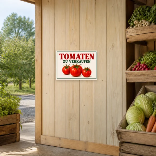 KI-generiertes Anwendungsbeispiel: Tomaten zu verkaufen Schild mit roten Tomaten und grünem Text an einer Hofeinfahrt.