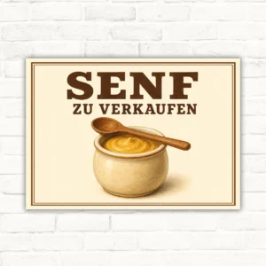 Schild mit Senftopf und Löffel sowie dem Text „SENF ZU VERKAUFEN“ als Verkaufsschild in Querformat.