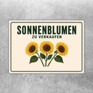 Sonnenblumen zu verkaufen Aufkleber mit drei gelben Blüten auf cremefarbenem Hintergrund und grünem Rahmen.