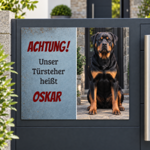 Hundewarnschild mit eigenem Foto – Vorlage Türsteher Oskar am Tor