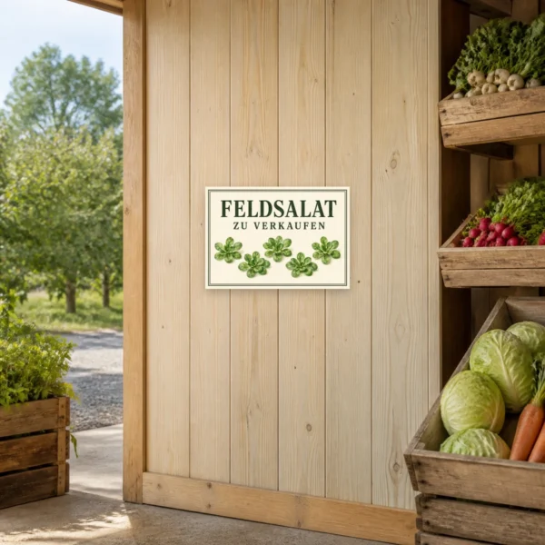 KI-generiertes Anwendungsbeispiel: Feldsalat zu verkaufen Schild an einem Hofladen mit frischem Gemüse und natürlicher Gestaltung.