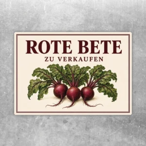 Rote Bete zu verkaufen Aufkleber mit drei roten Beten, grünen Blättern und burgunderroter Typografie im Querformat.