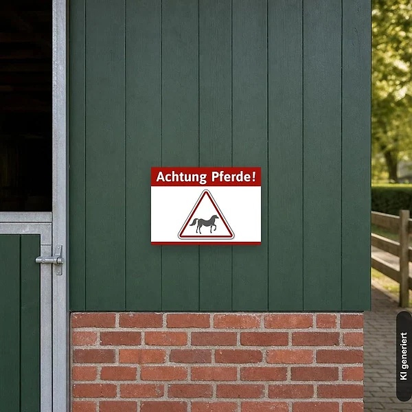 Achtung Pferde Schild realistisch an einem Reitstall montiert