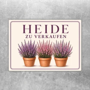 Heide zu verkaufen Aufkleber mit drei blühenden Topfpflanzen in Lila und Rosa auf hellem Hintergrund.