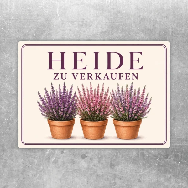 Heide zu verkaufen Aufkleber mit drei blühenden Topfpflanzen in Lila und Rosa auf hellem Hintergrund.