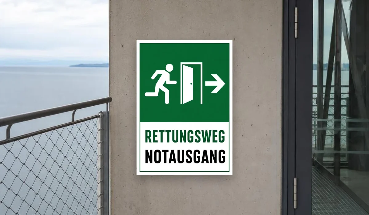 Rettungsweg Notausgang rechts Schild neben einer Ausgangstür