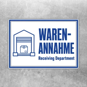 Blau-weißer Warenannahme Aufkleber im Querformat mit Laderampen-Symbol und Text Waren-Annahme Receiving Department.