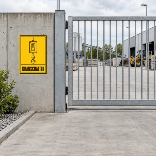 KI-generiertes Anwendungsbeispiel: Kranschalter Aufkleber gelb schwarz auf Metallfläche zur Kennzeichnung einer Kransteuerung.