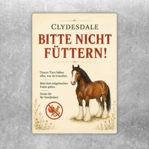 Clydesdale Aufkleber mit dem Hinweis „Bitte nicht füttern“ auf hellem Hintergrund für Stall und Hof.