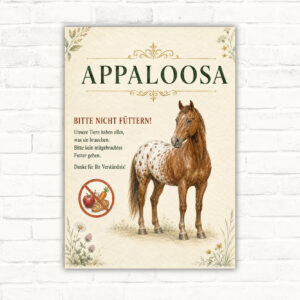 Appaloosa Schild mit dem Text „BITTE NICHT FÜTTERN!“ und Pferdemotiv als Hinweisschild für Stall oder Weide.