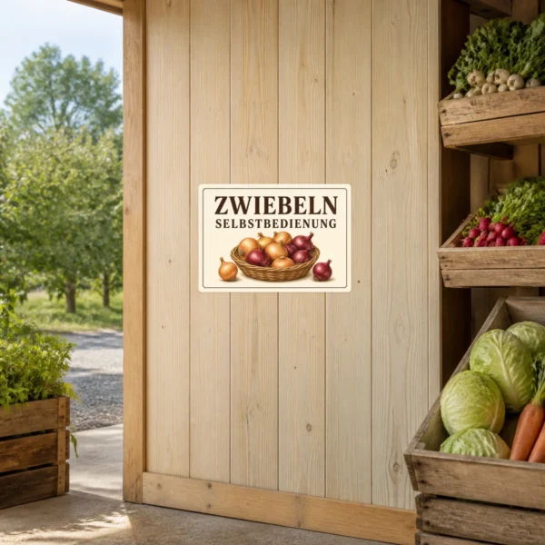 KI-generiertes Anwendungsbeispiel: Zwiebeln Selbstbedienung Aufkleber auf einer hellen Verkaufsfläche im Hofladen mit rustikalem Korbmotiv.